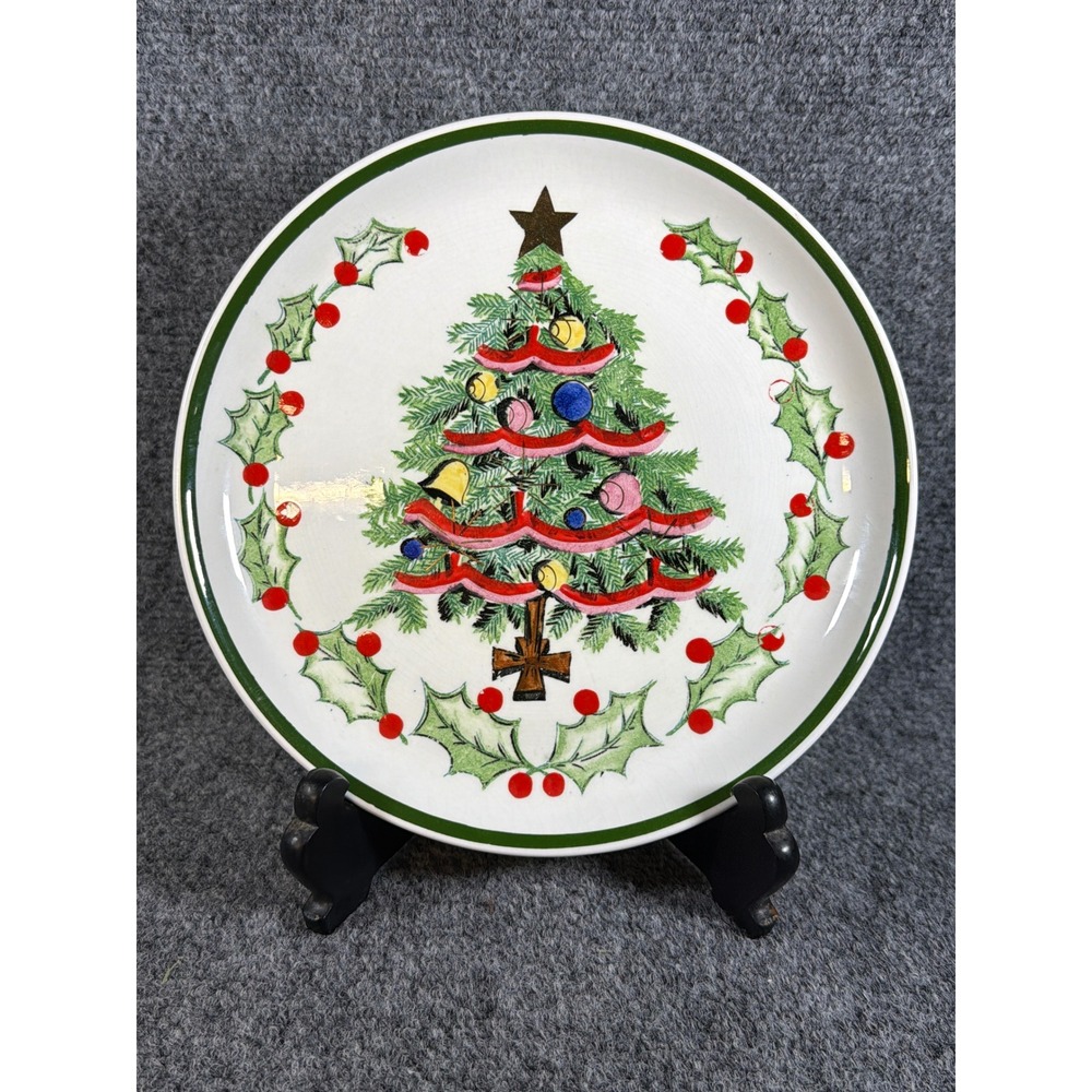 Vintage Geo Z Lefton Christmas Tree Plate 1096 Holly Berry Wreath 10.25 Inch